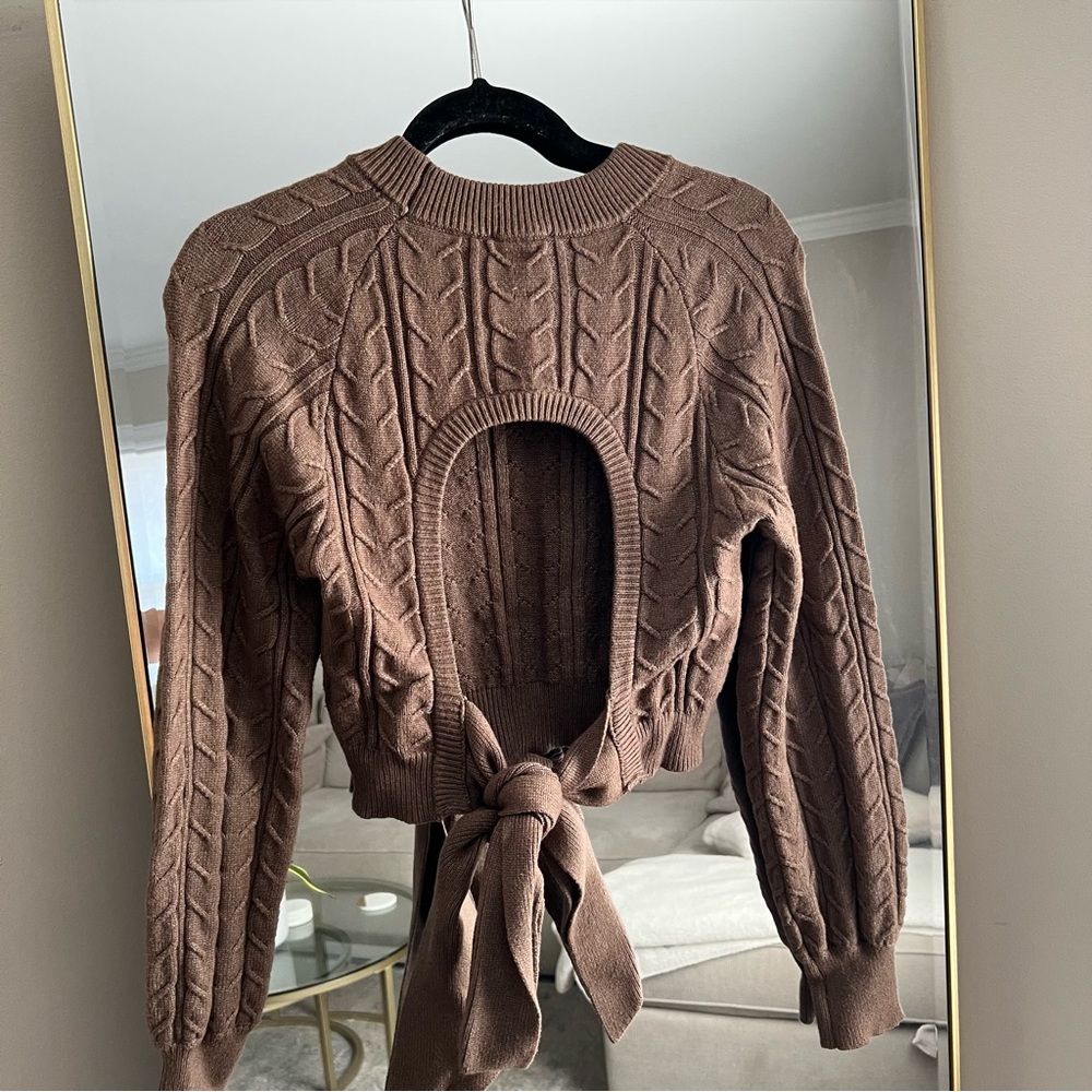 Brown Crew Neck Sweater with Cable Knit and Open Back Detail - Picture 4 of 4